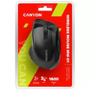 CANYON MW-01, 2.4GHz wireless mouse with 6 buttons, optical tracking - blue LED, DPI 1000/1200/1600, Black pearl glossy